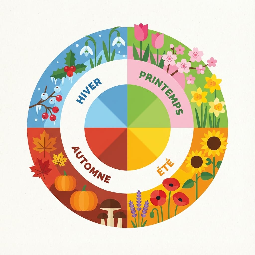 Roue des saisons illustrée avec fleurs emblématiques