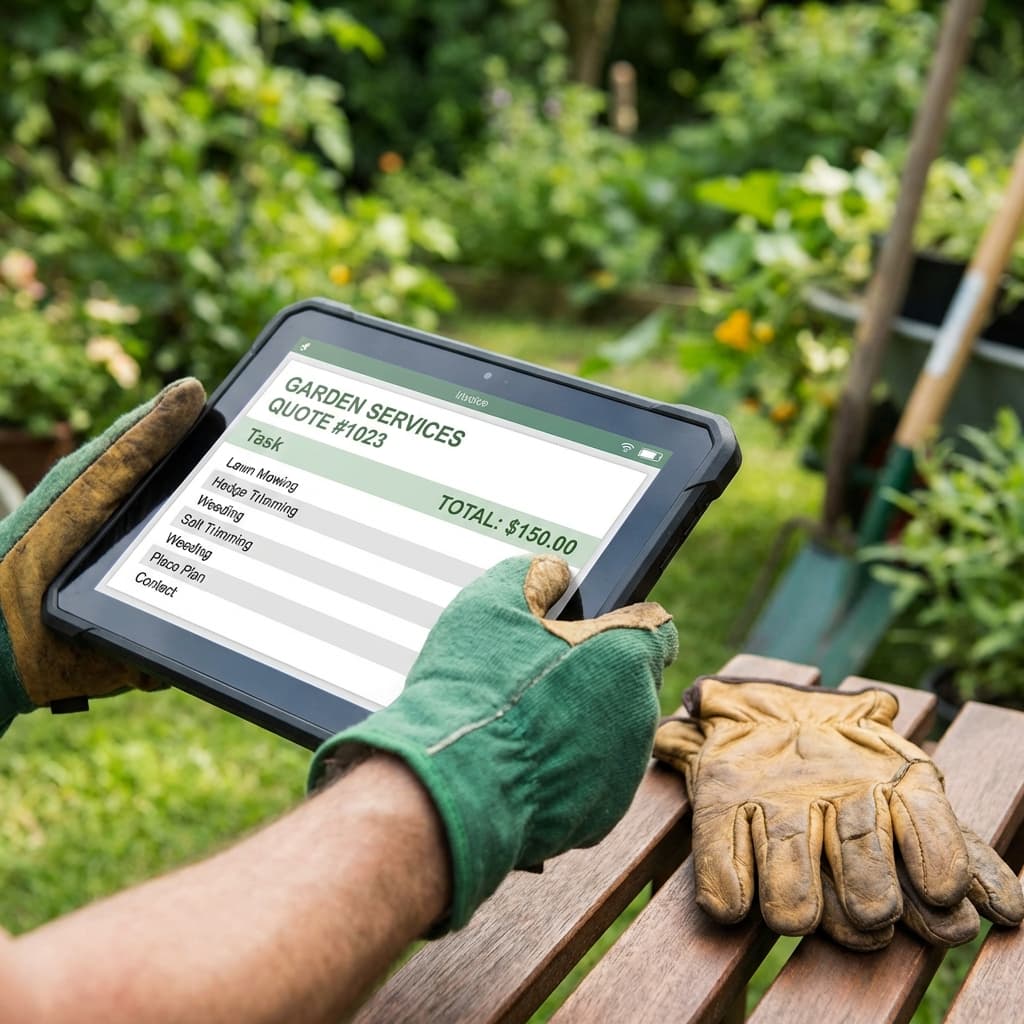 Bureau de paysagiste moderne avec tablette affichant un devis numérique