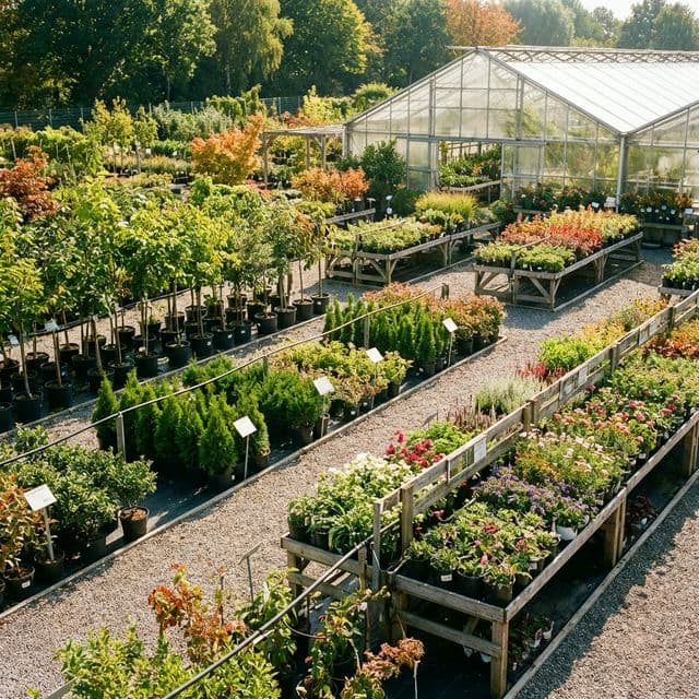Pépinière avec rangées de végétaux