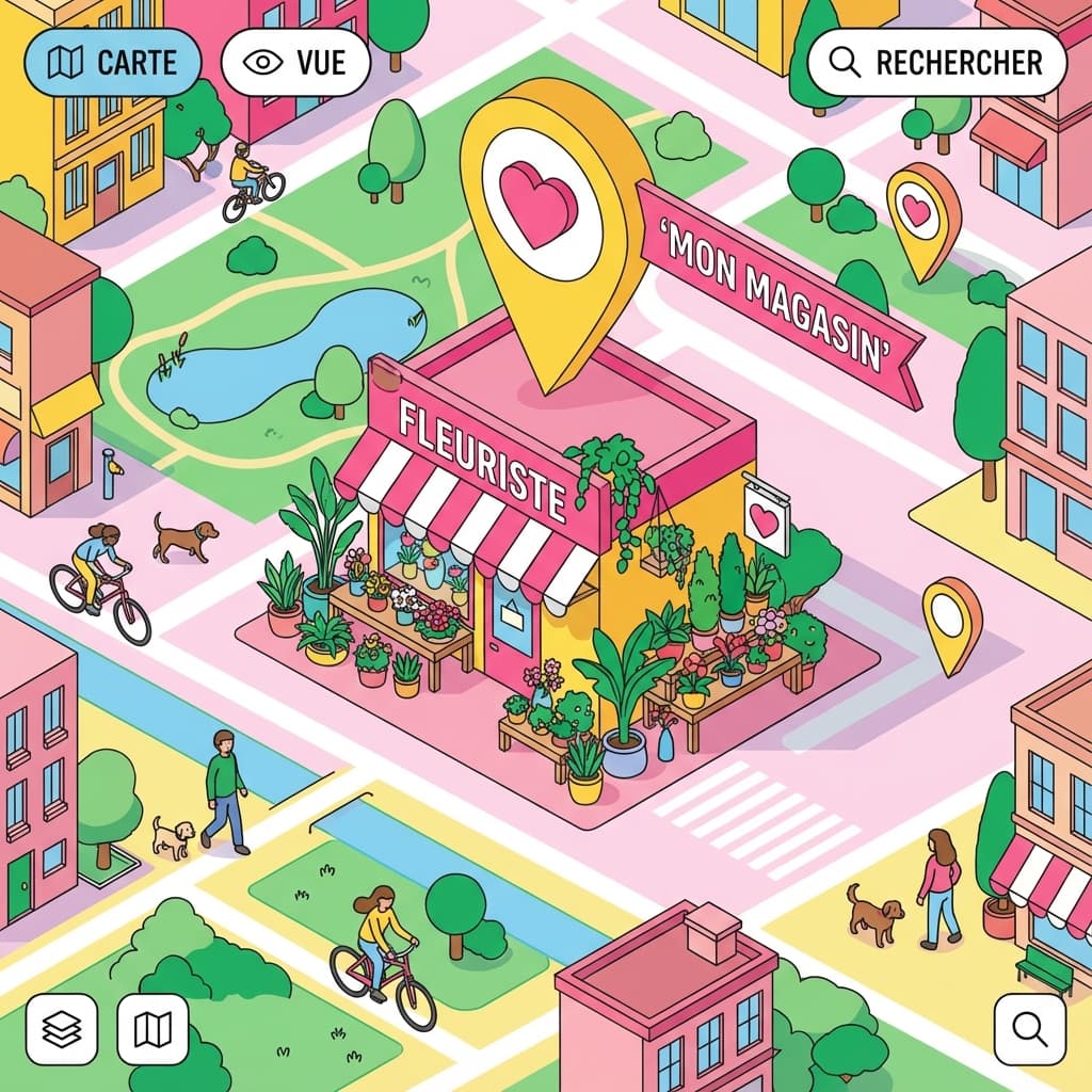 Illustration 3D isométrique d'une boutique de fleuriste sur une carte numérique