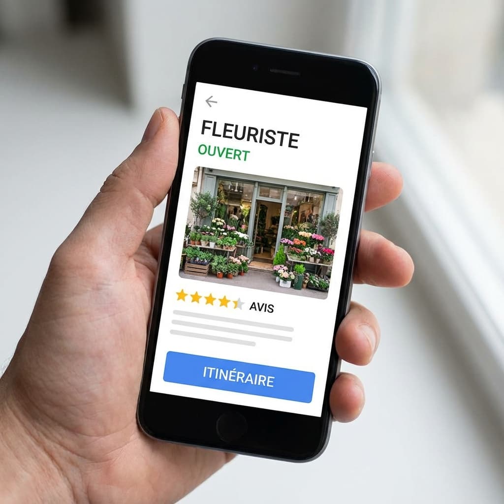 Main tenant un smartphone affichant une fiche Google Maps de fleuriste