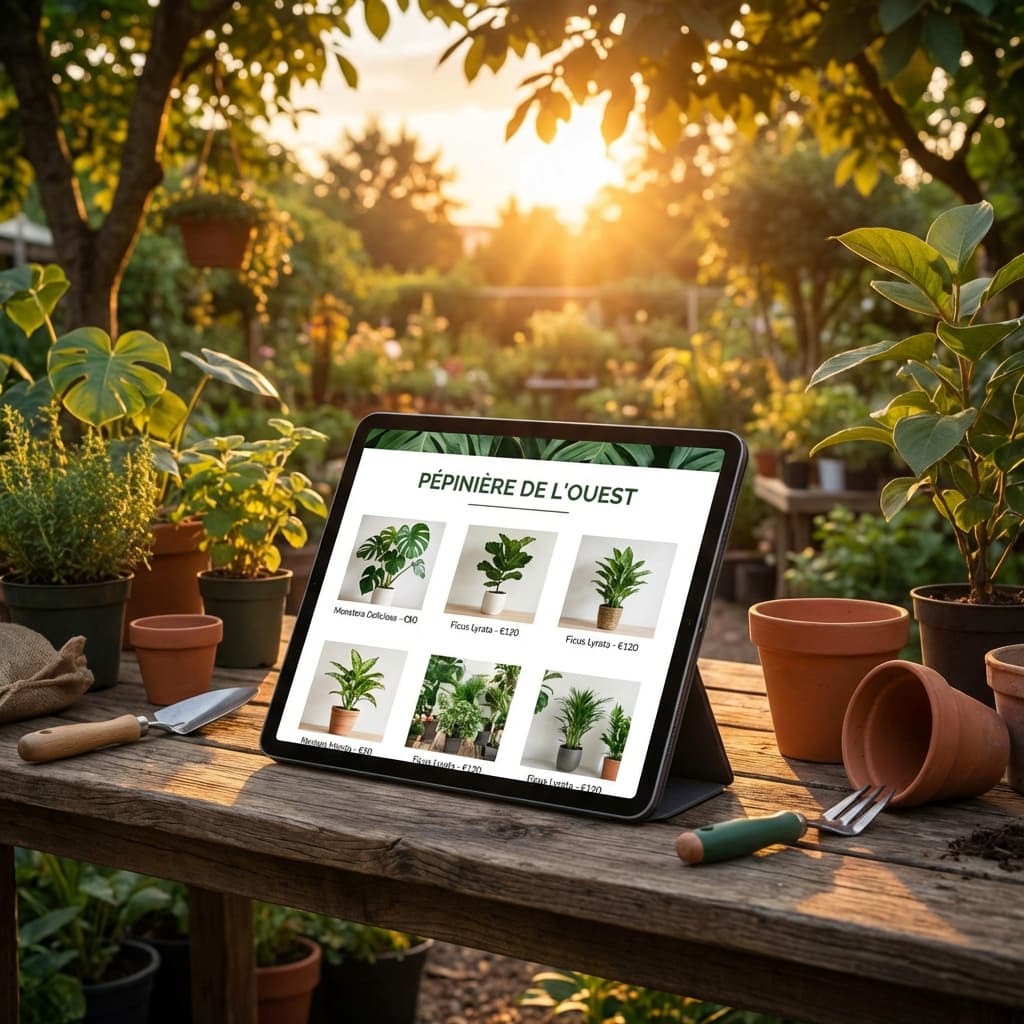 Tablette affichant un catalogue végétal dans une pépinière