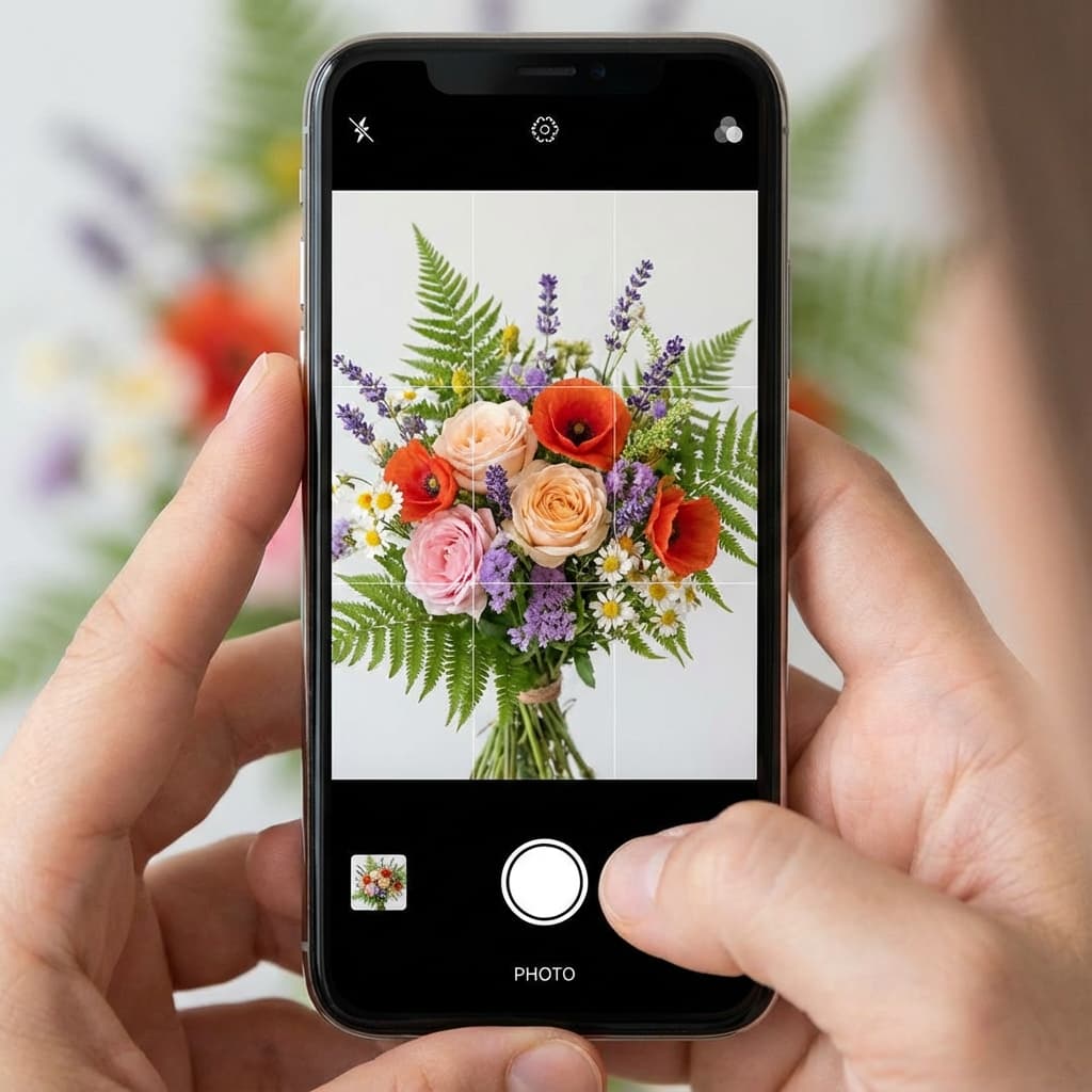 Vue écran smartphone avec grille des tiers sur un bouquet