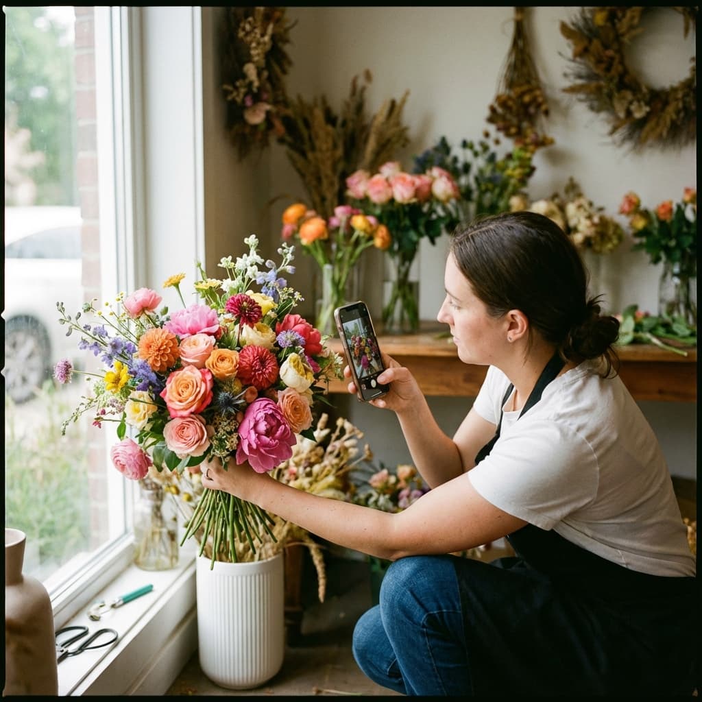 Fleuriste prenant en photo un bouquet coloré avec un smartphone