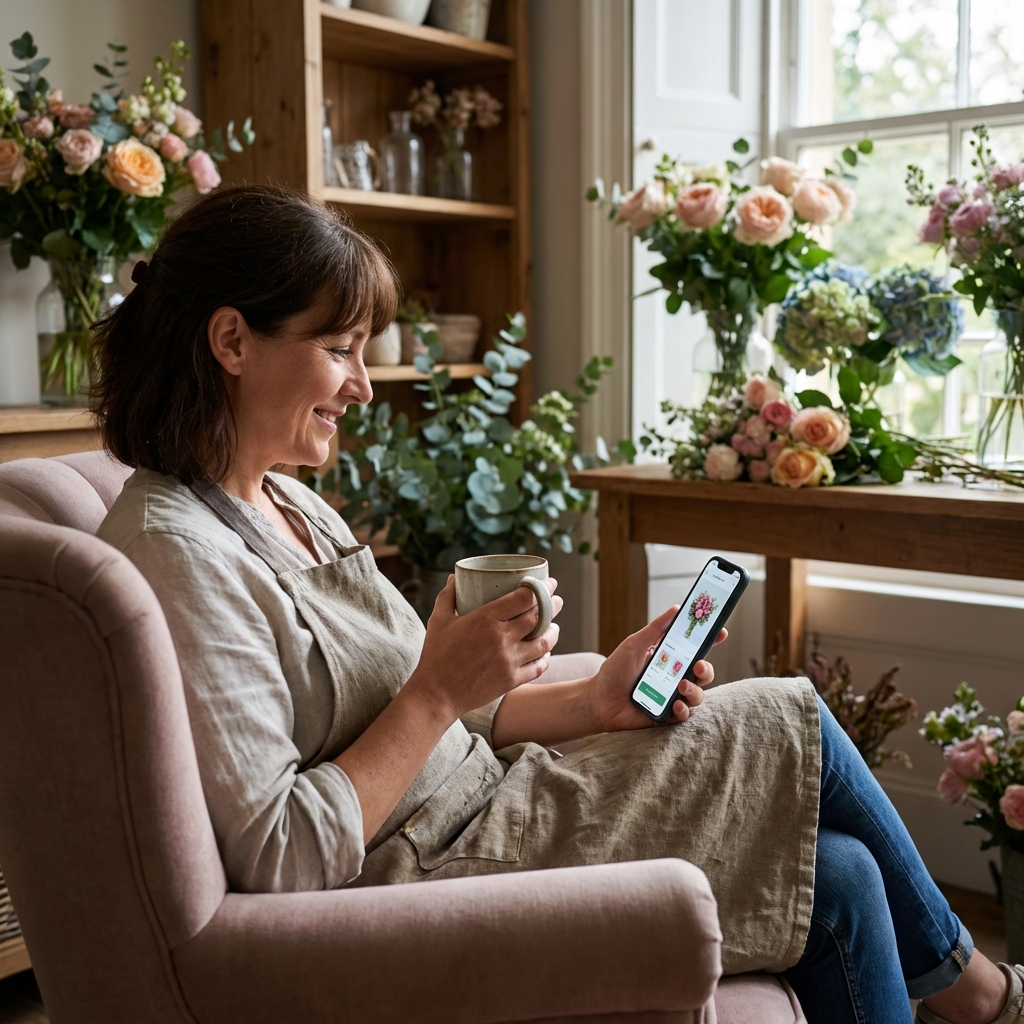 Un fleuriste serein utilisant sa tablette au milieu de ses fleurs