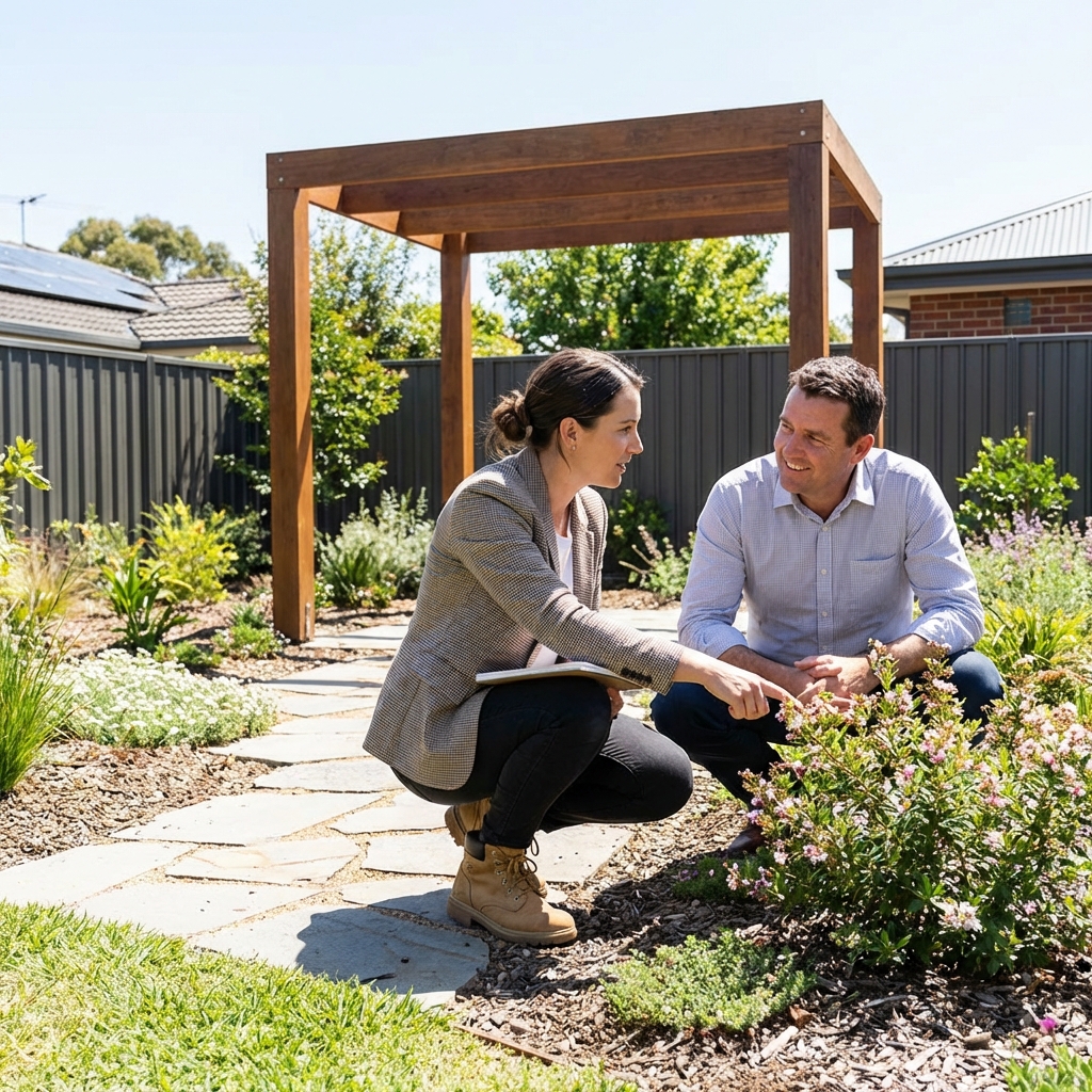 Un paysagiste expliquant sereinement un point technique à un client dans son nouveau jardin