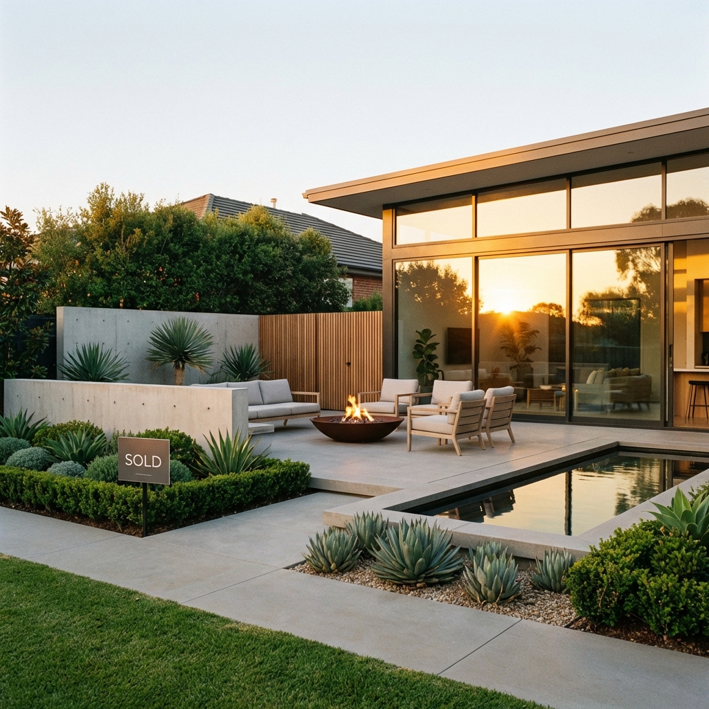 Vue d'ensemble d'un jardin paysager moderne parfaitement livré au coucher du soleil