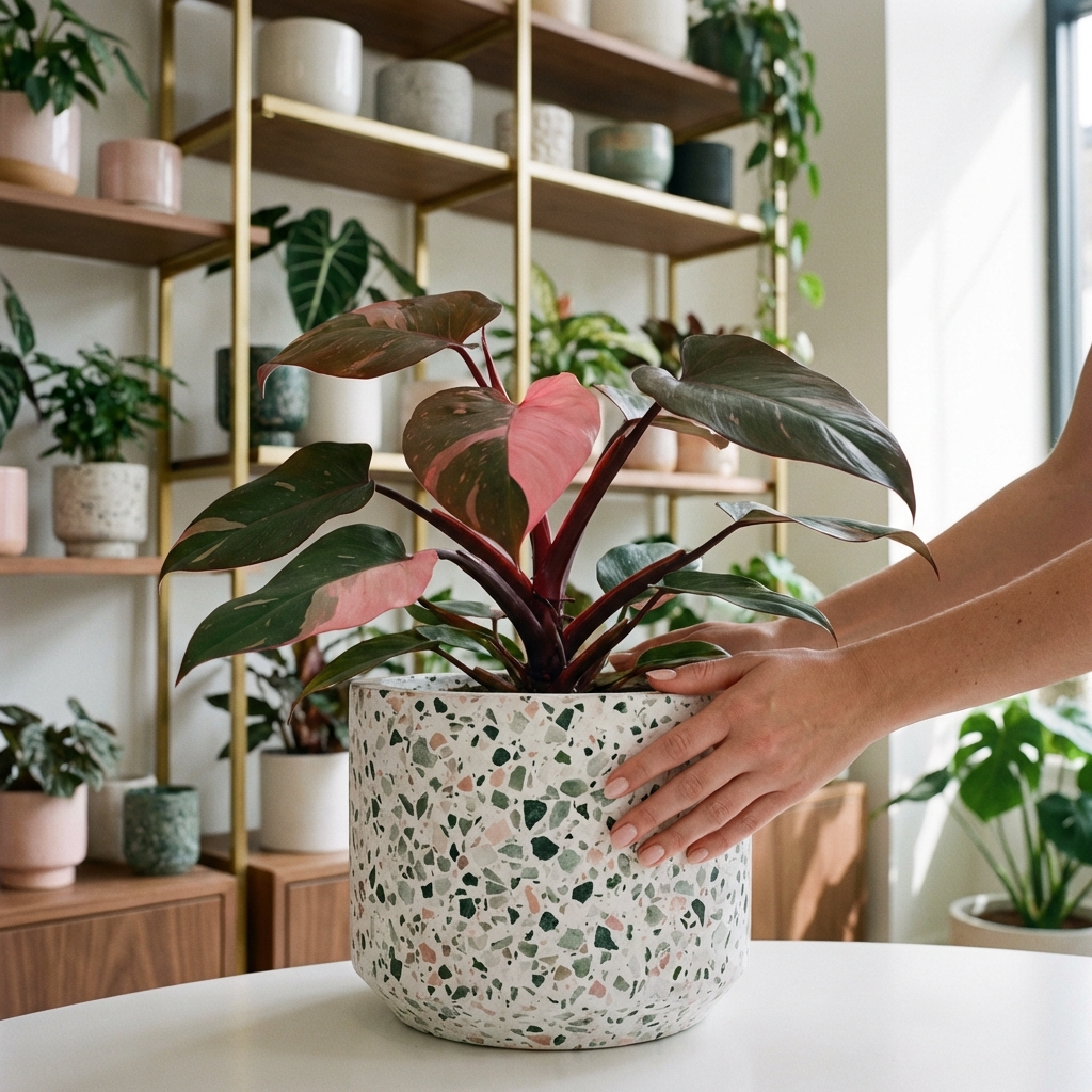 Paysagiste d'intérieur plaçant une plante dans un showroom premium