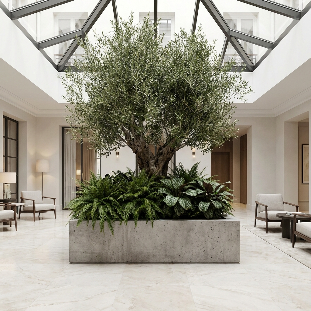 Installation végétale spectaculaire dans un hall d'hôtel de luxe