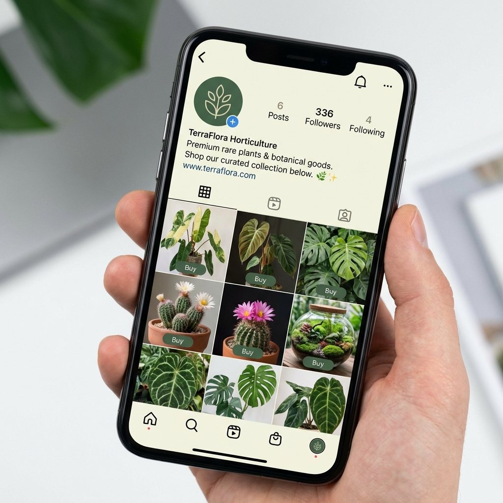 Pépiniériste photographiant ses serres au printemps avec un smartphone pour montrer sa production sur Instagram et attirer des clients locaux